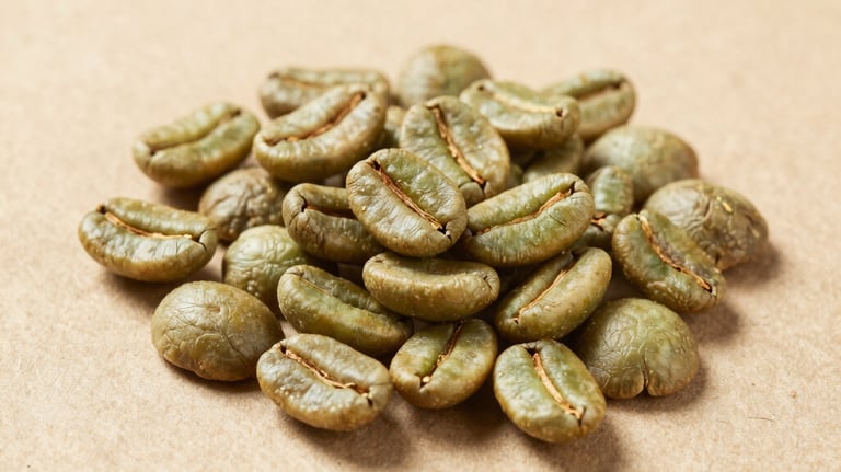 Elegant studio shot of dry green coffee beans on a kraft paper surface, minimalist composition, soft side lighting highlighting textures.