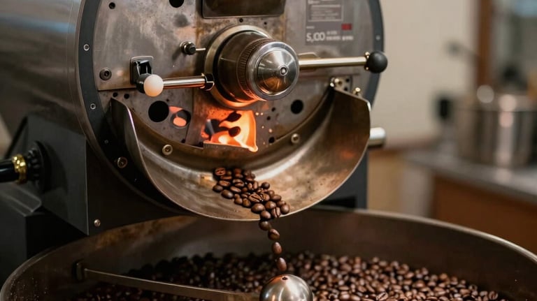 Action shot of coffee beans being roasted in a modern drum roaster, warm glowing embers visible, metallic textures, professional setting.