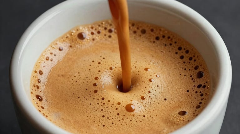 Close-up of a perfectly poured espresso with rich golden crema in a minimalist ceramic cup, dark charcoal background, luxury feel.