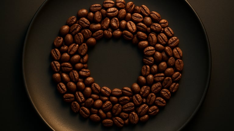 Top-down view of roasted coffee beans forming a circular pattern on a matte black plate, golden accent lighting, high-end photography.