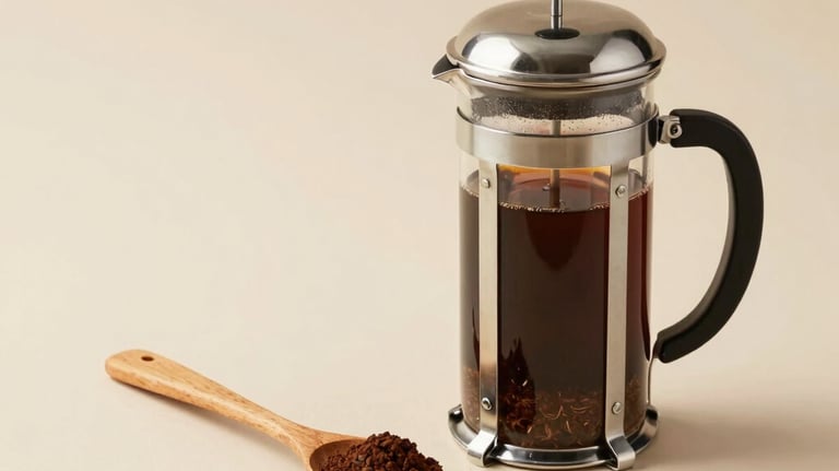 Minimalist composition of a French press next to a wooden spoon with coffee grounds, neutral beige background, clean and airy aesthetic.