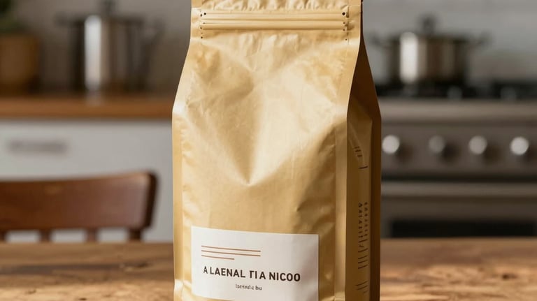 A sophisticated lifestyle shot of a golden coffee bag with minimalist typography resting on a rustic wooden table, soft morning sunlight, Latin American / Mexican kitchen setting.