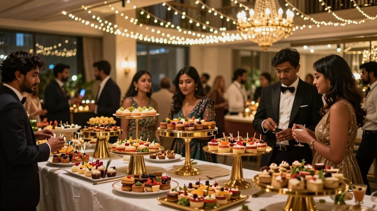 A vibrant and elegant evening social party at a luxury Bokaro hotel, featuring warm fairy lights, South Asian appetizer displays, and sophisticated gold accents.