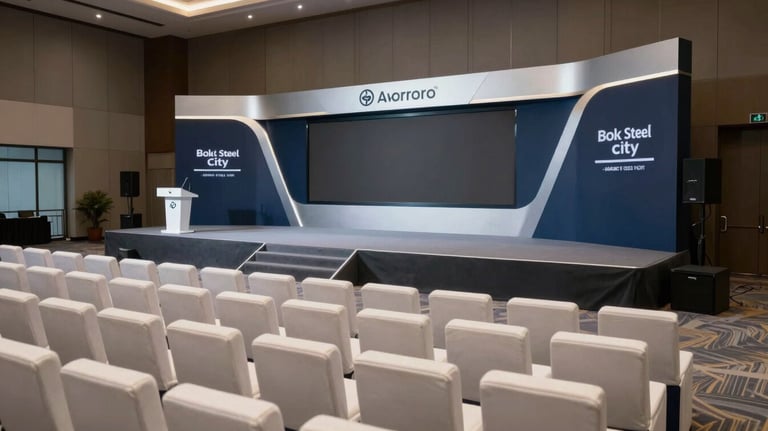 A professional corporate seminar setup in Bokaro Steel City, featuring modern seating, a high-tech stage, and sophisticated dark blue and silver branding elements.