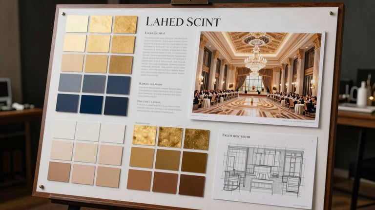 A detailed shot of a luxury event planning board in a Bokaro studio, showing color swatches in gold, navy, and tan, with sketches of a grand hall.