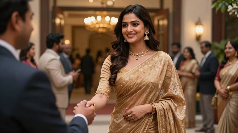 A smiling South Asian event hostess in a sophisticated tan sari greeting guests at a grand entrance in Bokaro, with celebratory lighting behind.