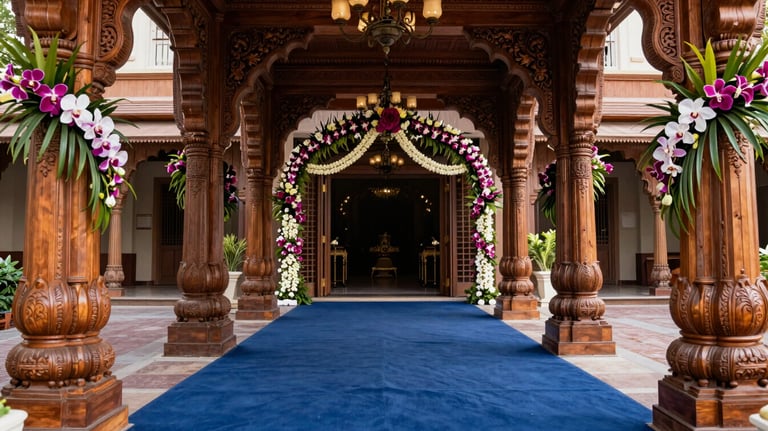 A grand entranceway to a South Asian event, featuring intricately carved wooden pillars, floral arches of orchids and jasmine, and a plush navy blue carpet.