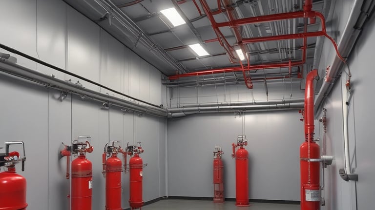 Fire safety project blueprint with fire extinguisher and safety equipment on desk