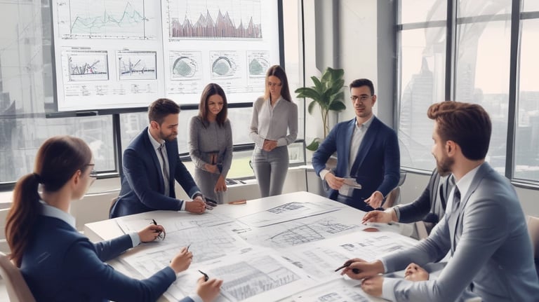 Modern office setting with financial charts and a team discussing investments