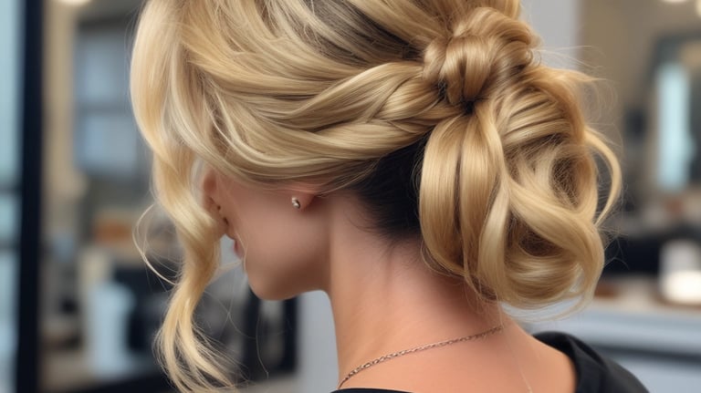 Woman receiving a stylish haircut in a glamorous salon with black and gold decor