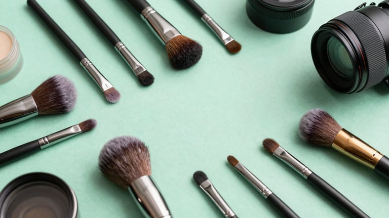 A flat lay of various makeup brushes and tools on a mint green background, clean and organized, high-end retail aesthetic.
