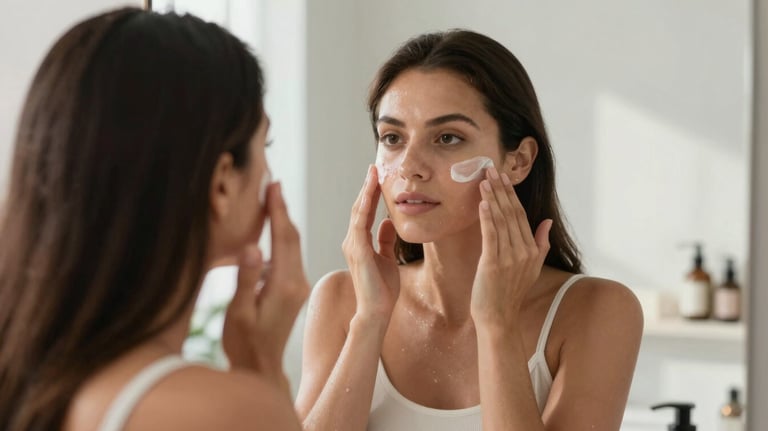 A beautiful Mexican woman applying skincare products in front of a mirror, glowing skin, soft morning light, minimalist and clean bathroom setting.