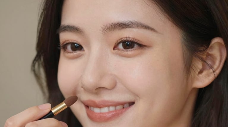 A close-up of a smiling woman's face showing off professional makeup application, soft lighting, warm skin tones, elegant feel.