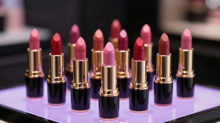 A collection of trendy lipsticks in various shades of pink and red, standing on a reflective surface with a soft purple glow, professional retail photography.