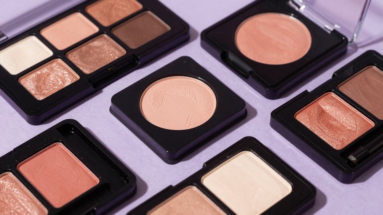 Close-up of high-quality eyeshadow palettes with vibrant colors, arranged artistically on a light purple surface, studio lighting, elegant style.