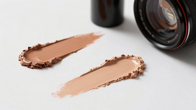 Detail of several foundation shades being swatched on a clean white surface, soft shadows, professional cosmetic photography style.