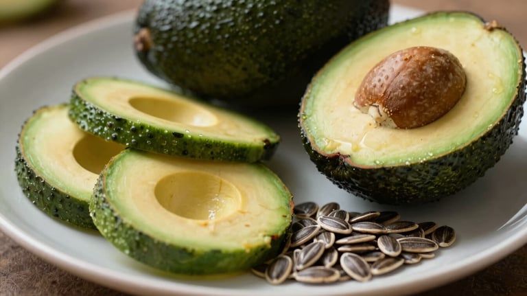 A close-up of healthy food ingredients like avocado and seeds on a plate in a Latin American / Spanish home, styled for a professional nutrition blog.
