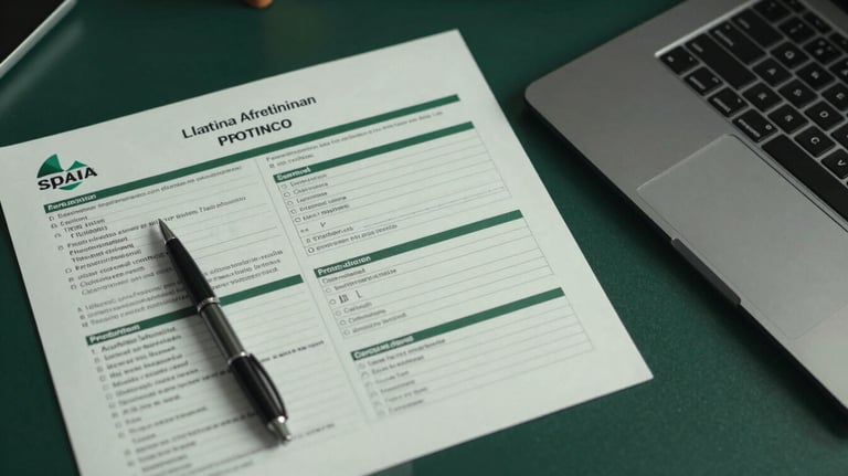 Top-down view of a professional workspace in a Latin American / Spanish office with clinical protocols, a pen, and a laptop. Professional and knowledgeable atmosphere with dark forest green tones.