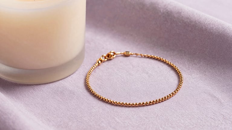 Detail shot of a minimalist candle and a delicate gold bracelet resting on a light lilac textured fabric. Elegant and warm lighting, South American aesthetic.