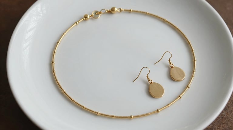 Top view of a gold necklace and a pair of minimalist earrings on a white ceramic plate. Feminine and refined South American style.
