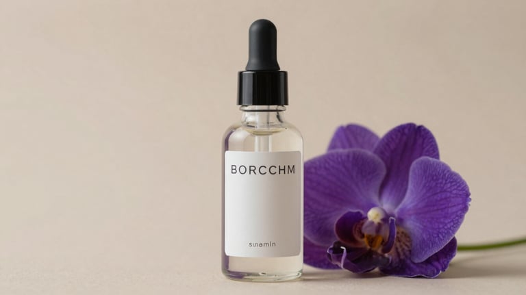 Close-up of a premium skincare glass bottle next to a fresh purple flower. The lighting is soft and the background is a neutral nude tone.
