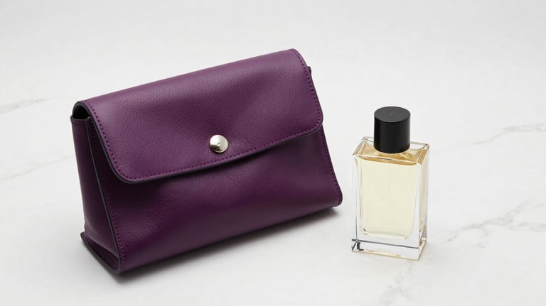 Still life photography of a luxury leather accessory next to a small bottle of perfume on a white marble surface. Clean lines, soft purple accents, elegant composition.