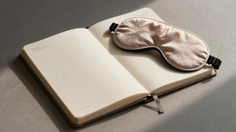 Photography of a high-quality lifestyle product, like a minimalist planner or a silk eye mask, arranged on a neutral surface with soft shadows.