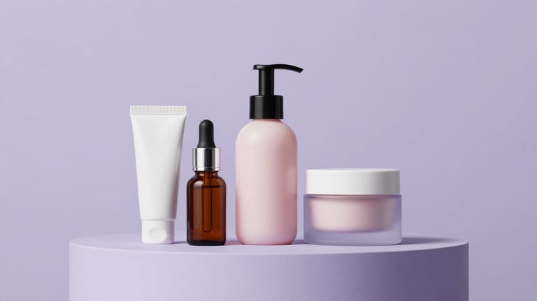 Composition of three curated beauty products on a light lilac pedestal. Minimalist aesthetic, clean composition, soft studio lighting.