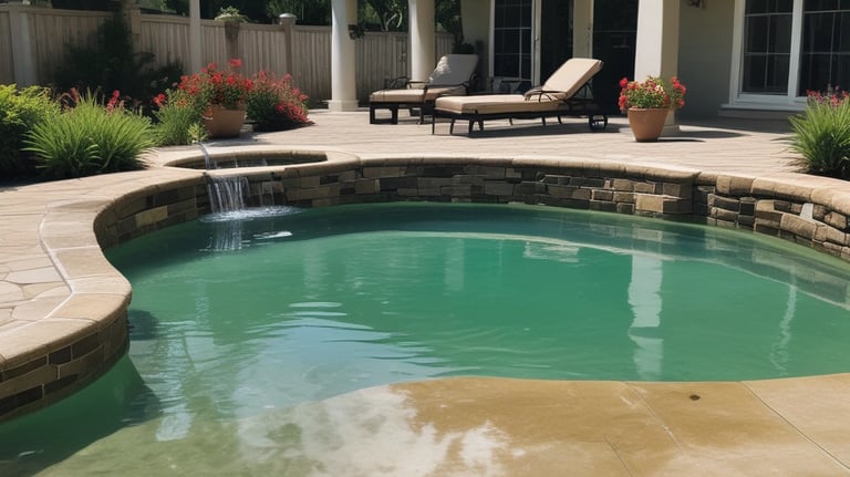Close-up of a sparkling pool surface with fresh pebble finish under sunlight