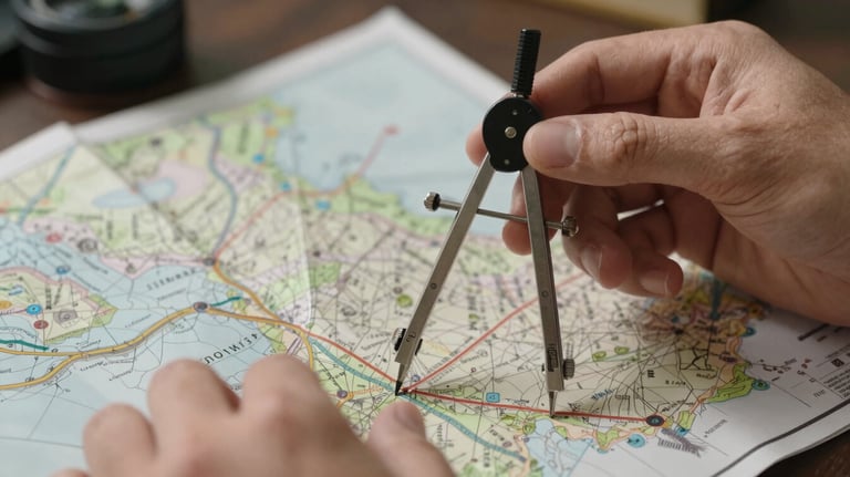 A close-up shot of hands using a precision compass on a map, metaphorical for navigating complex financial markets with accurate tools.