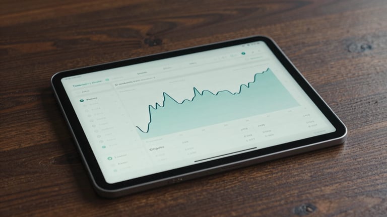 A sleek tablet displaying a minimalist financial dashboard on a dark wood table. The style is clean and premium, featuring muted teal accents.