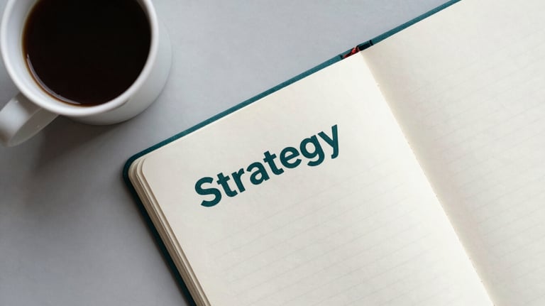 An overhead shot of a clean workspace featuring a cup of coffee and a notebook with 'Strategy' written on the first page, in muted teal and off-white.