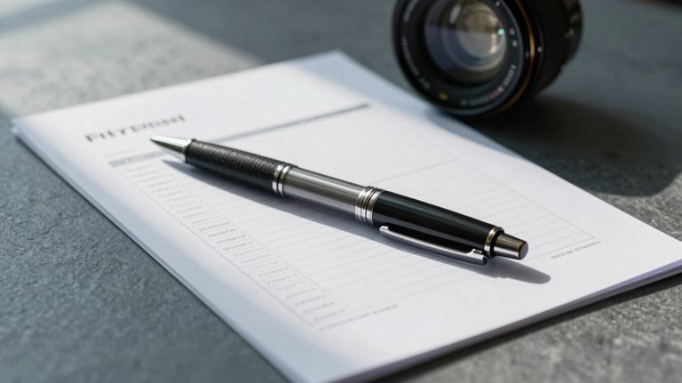 A clean, minimalist desk set-up with a designer pen resting on a financial planning document, shot in soft morning light with slate blue tones.