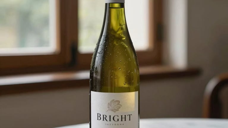 Bright photography of a chilled Sauvignon Blanc bottle on a white marble tabletop, with soft daylight filtering through a South American window.