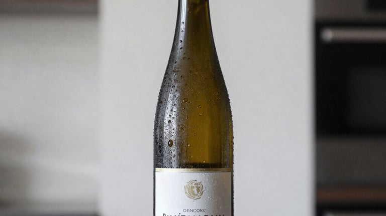 Clean, high-contrast photography of a bottle of Riesling with condensation on the glass, standing in a bright, modern South American setting.