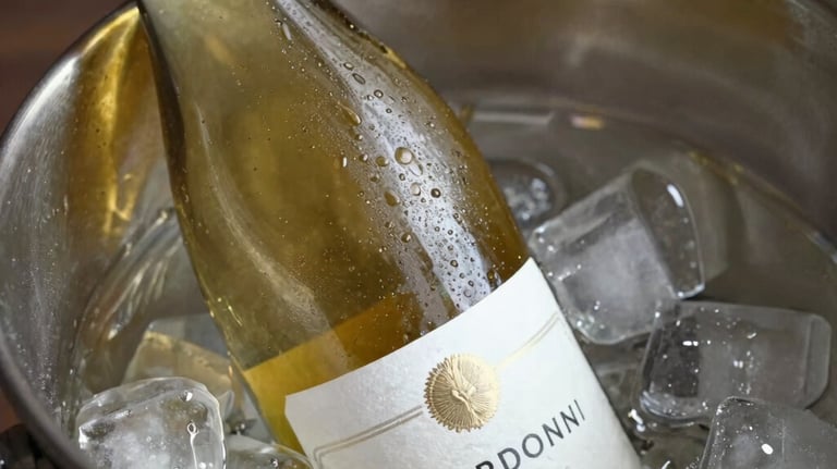 A bottle of Chardonnay in an ice bucket, with subtle condensation and soft light catching the light gold color of the wine inside.