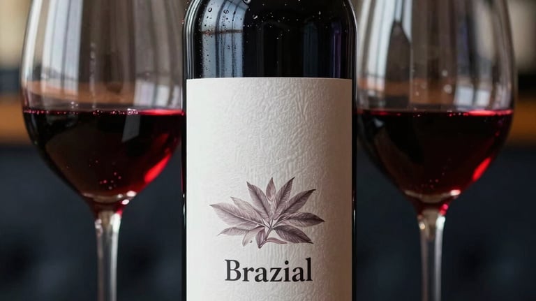 A close-up shot of a dark red wine bottle with a textured paper label, standing next to a single glass of deep ruby wine in a dark Brazilian lounge.