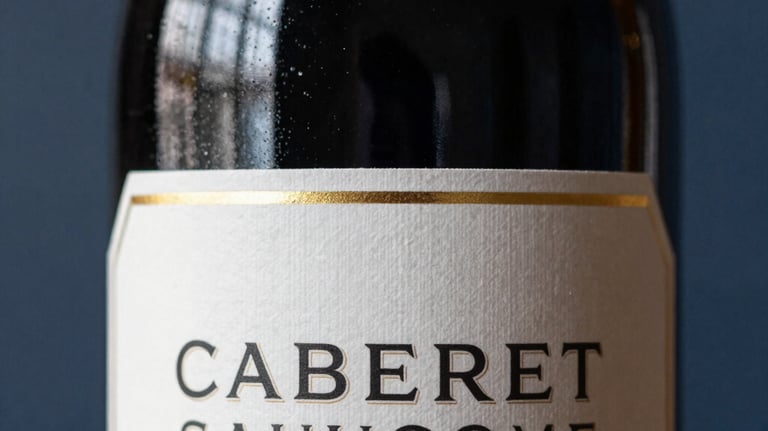 Close-up of a Cabernet Sauvignon bottle, focusing on the golden foil and the elegant typography of the label, set against a blurred dark blue background.