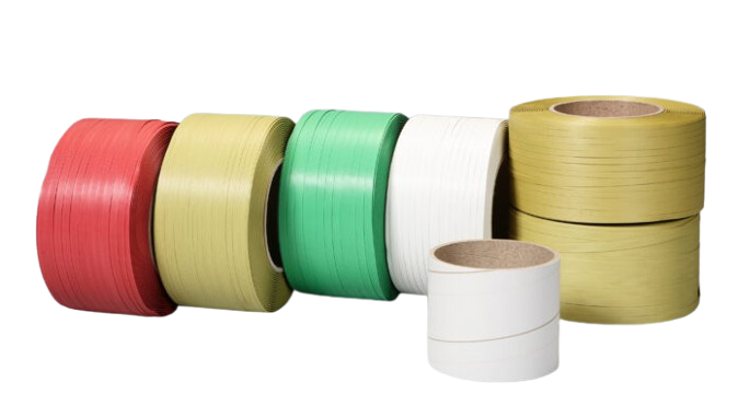 Various colorful polypropylene strapping bands and plastic packing tape rolls for industrial packaging.
