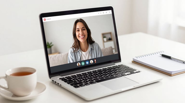 A high-quality image of a laptop displaying a video call screen with a warm and inviting interface, surrounded by a cup of tea and a planner. Brand colors #F8F5EF.