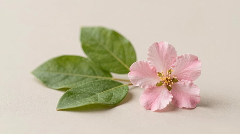 A minimalist and elegant set of healthy ingredients like green leaves and a delicate pink flower on a beige surface. Soft shadows, clean composition in #F8F5EF and #E4C8CB.