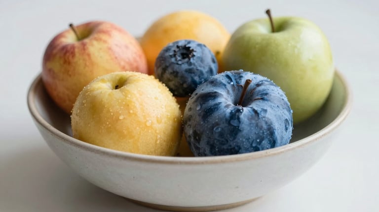 A bowl of fresh seasonal fruits in a ceramic bowl, softly lit. The focus is on texture and natural beauty. Palette #E4C8CB and #8FBBA6.