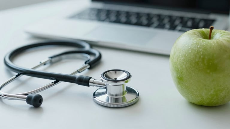 A close-up of a professional office desk with a stethoscope and a fresh green apple. Sophisticated and light aesthetic with #8FBBA6 tones.