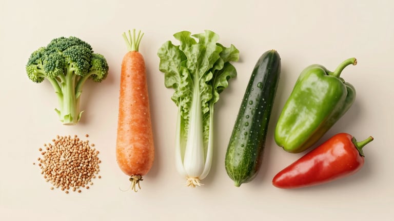 A flat lay of colorful vegetables and whole grains arranged elegantly on a soft beige background. Clean and healthy visual, palette #8FBBA6 and #F8F5EF.