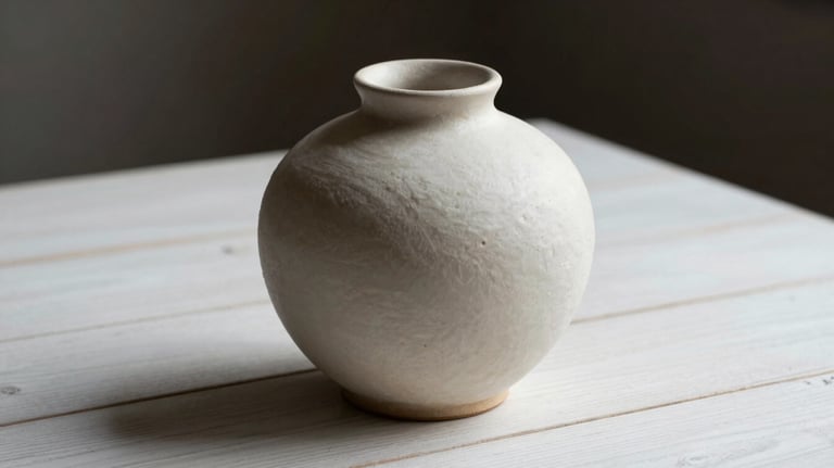 A handcrafted ceramic centerpiece vase on a white wooden table. The vase has an organic, matte texture and is presented in a premium, minimalist setting.