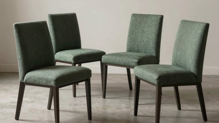 A set of four minimalist dining chairs with high backs and muted green fabric cushions, arranged around a neutral space with soft natural lighting.