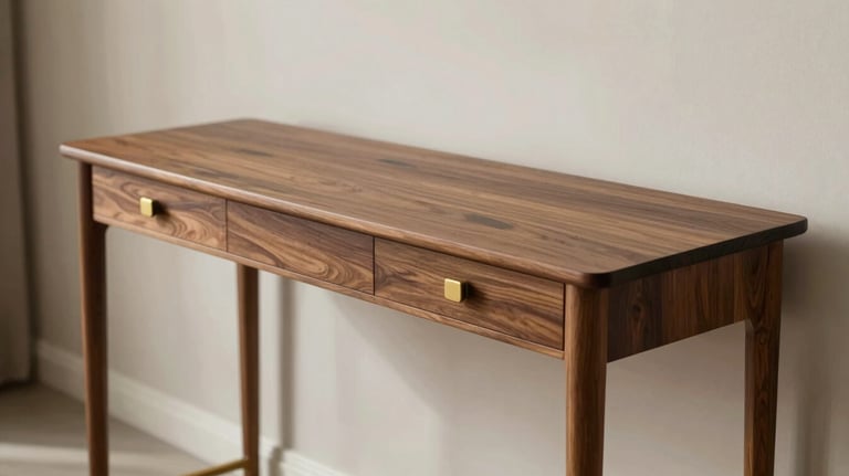 A sleek, long wooden console table made of dark timber with minimalist brass hardware. The style is European-inspired, set in a modern Indian home with soft natural lighting.