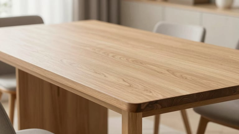 A solid light-oak dining table with a smooth matte finish, showing minimalist European joinery. The scene is bright and airy with soft focus on a South Asian interior background.