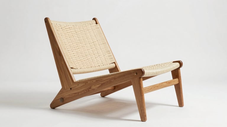A minimalist solid teak wood lounge chair with a low profile, clean Scandinavian lines, and a light-colored woven seat. Photographed against a plain white background with soft shadows.