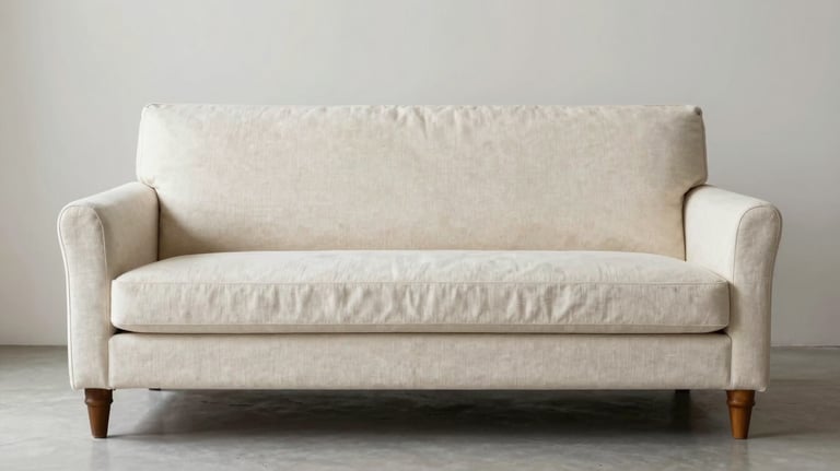 A premium contemporary sofa upholstered in off-white linen, featuring rounded edges and wooden legs. The composition is clean and centered in a bright, airy space with a South Asian / Indian design influence.